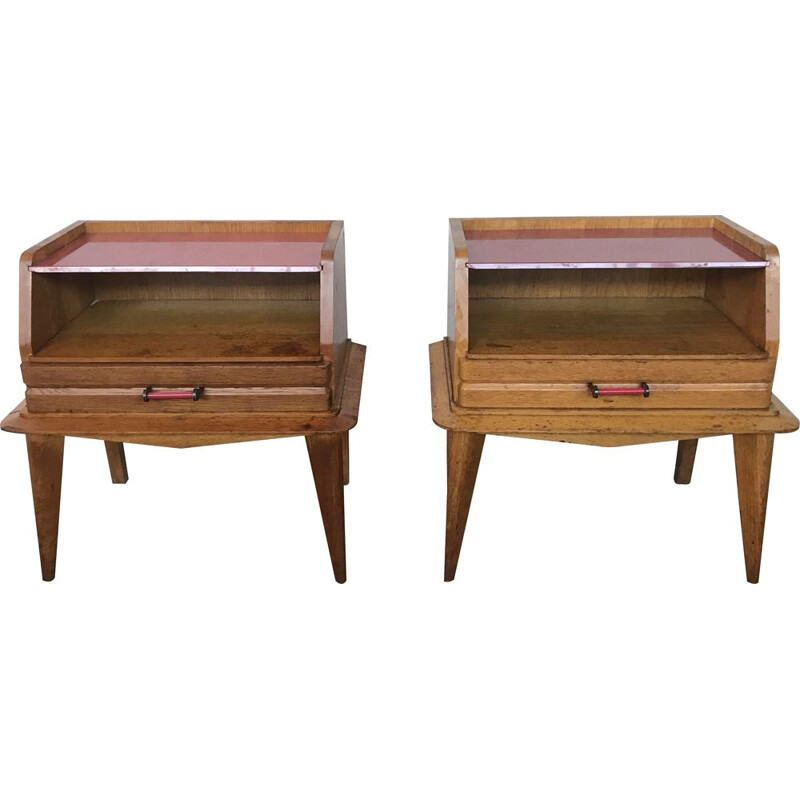 Pair of vintage light oak bedside tables with compass feet1950