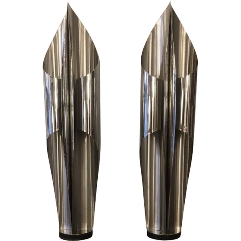 Pair of vintage lamps in brushed stainless steel model 'Voile' by Maison Charles