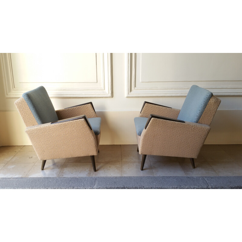 Pair of mid-century armchairs in wood and fabric - 1950s