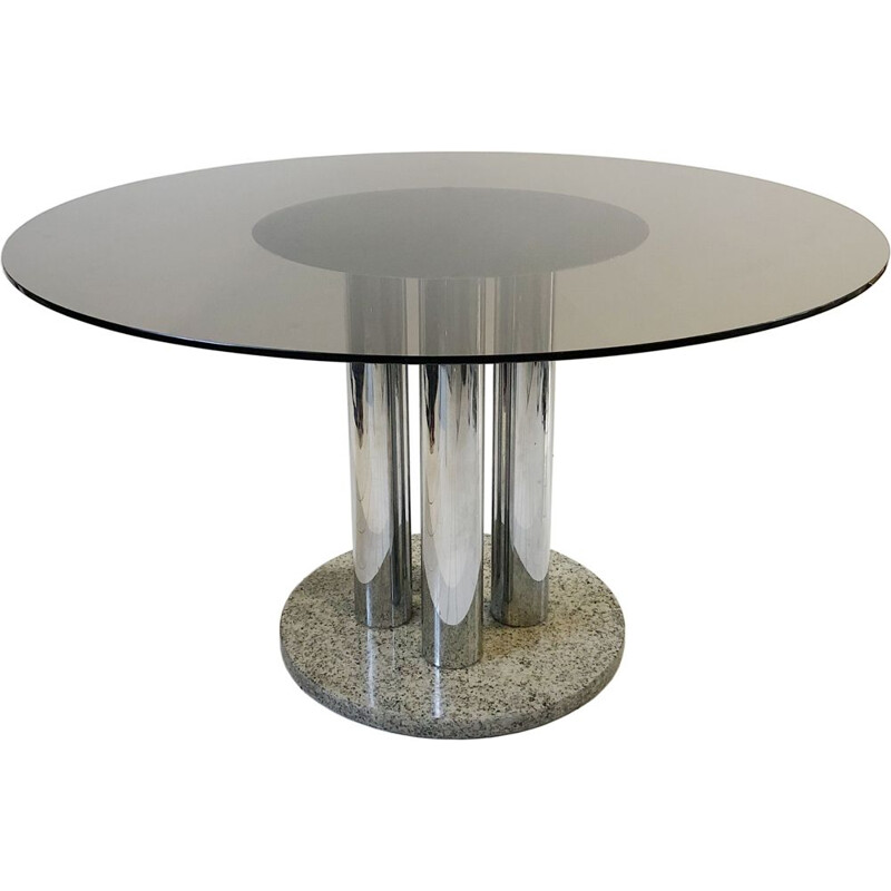 Table vintage Verre fumé Zanotta Chrome et granit Circulaire Space Age Marbre Hollywood Regency 1970