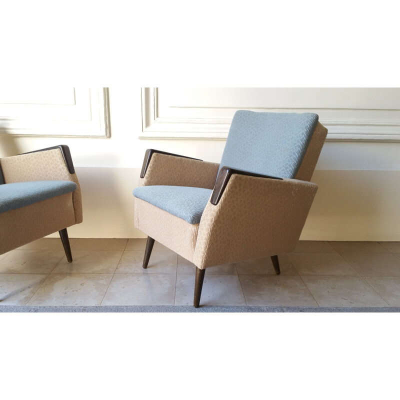 Pair of mid-century armchairs in wood and fabric - 1950s