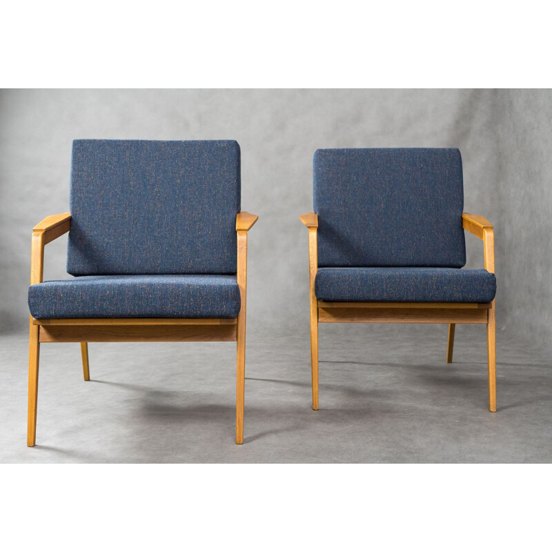 Pair of Vintage Armchairs in Ash and Czechoslovakian Drevotex blue fabric 1960s