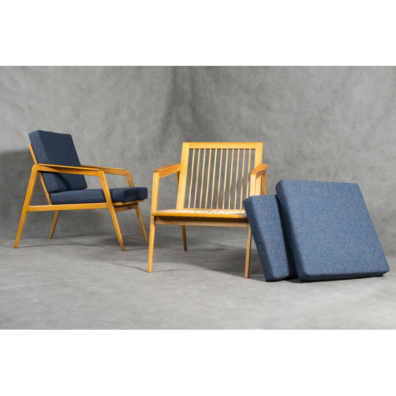 Pair of Vintage Armchairs in Ash and Czechoslovakian Drevotex blue fabric 1960s