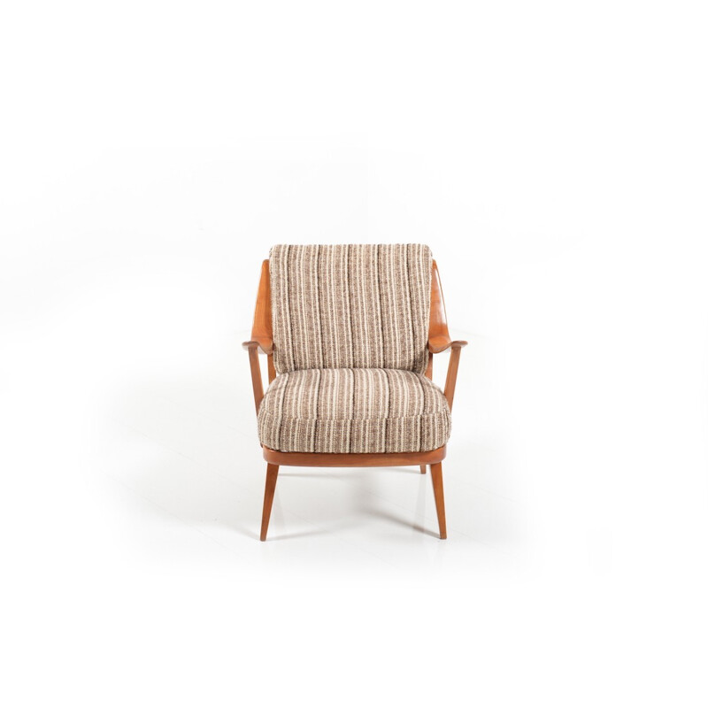 Fauteuil Knoll Antimott vintage rayé beige et marron - 1950