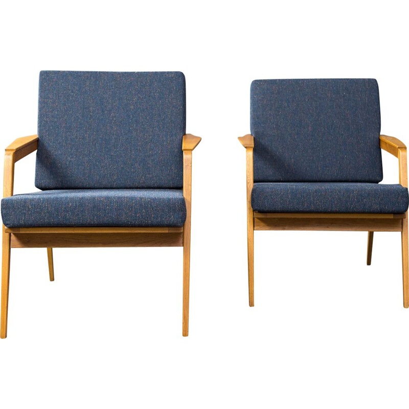 Pair of Vintage Armchairs in Ash and Czechoslovakian Drevotex blue fabric 1960s