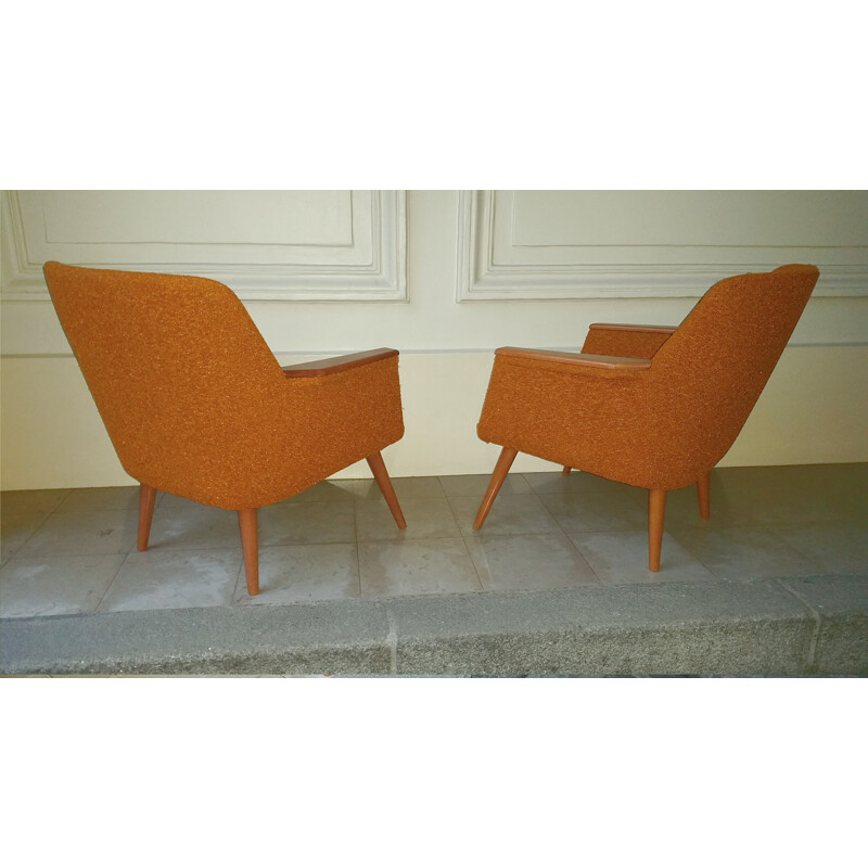 Mid century armchair in wood and orange fabric - 1950s