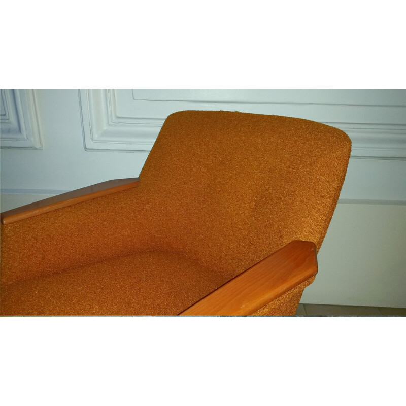 Mid century armchair in wood and orange fabric - 1950s