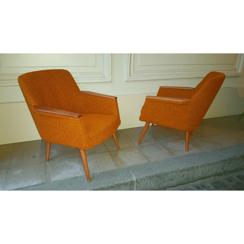 Mid century armchair in wood and orange fabric - 1950s