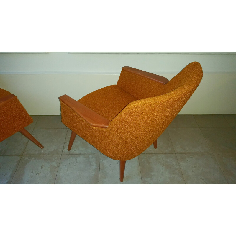 Mid century armchair in wood and orange fabric - 1950s