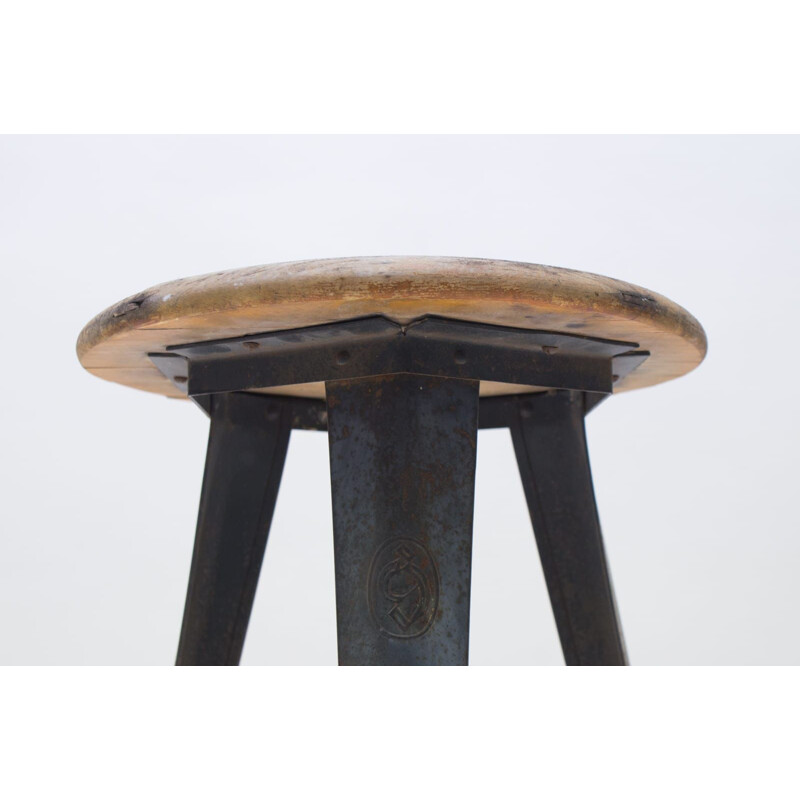 Tabouret Vintage Bauhaus en métal et en bois 1940