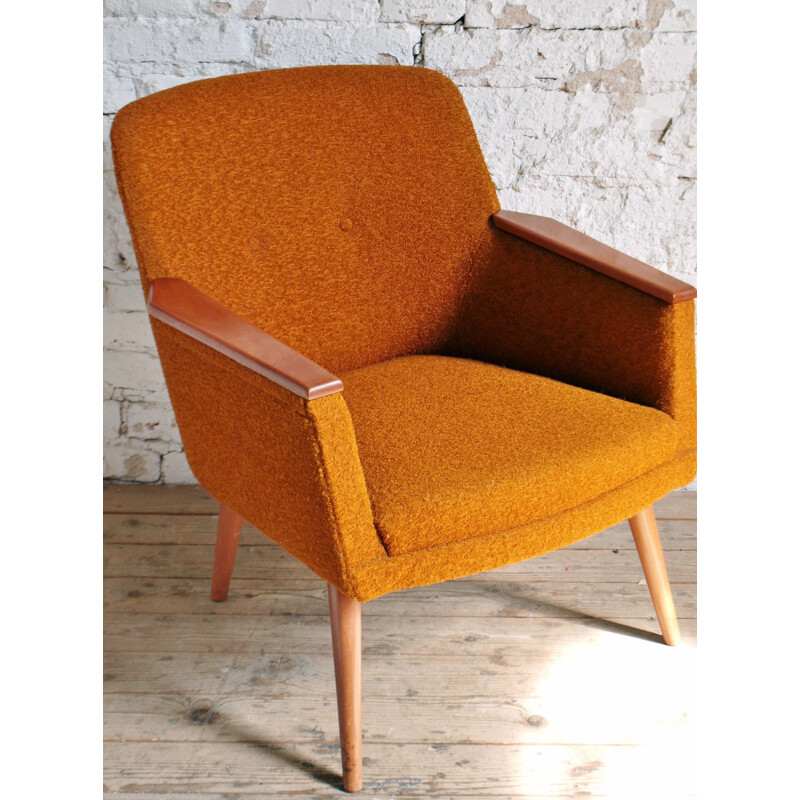 Mid century armchair in wood and orange fabric - 1950s