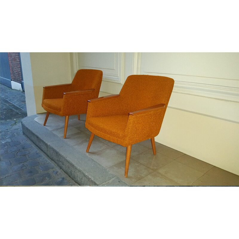 Mid century armchair in wood and orange fabric - 1950s