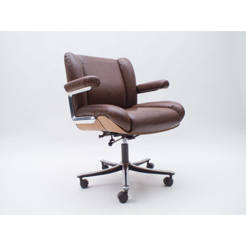 Vintage Leather and Plywood Swivel Desk Chair by Stoll for Giroflex, Swiss 1960s