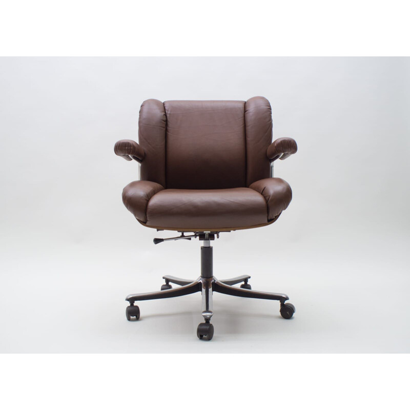 Vintage Leather and Plywood Swivel Desk Chair by Stoll for Giroflex, Swiss 1960s