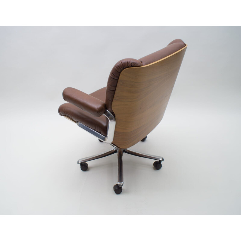 Vintage Leather and Plywood Swivel Desk Chair by Stoll for Giroflex, Swiss 1960s