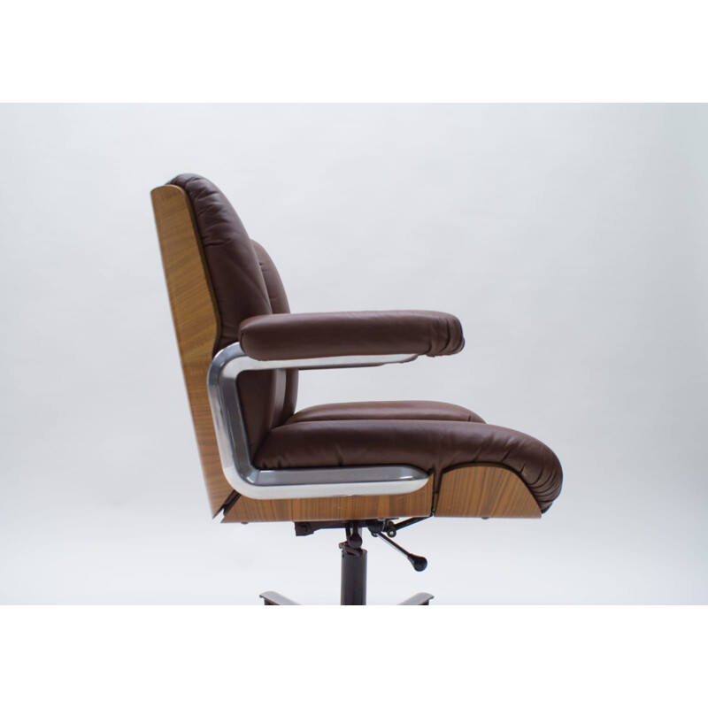 Vintage Leather and Plywood Swivel Desk Chair by Stoll for Giroflex, Swiss 1960s