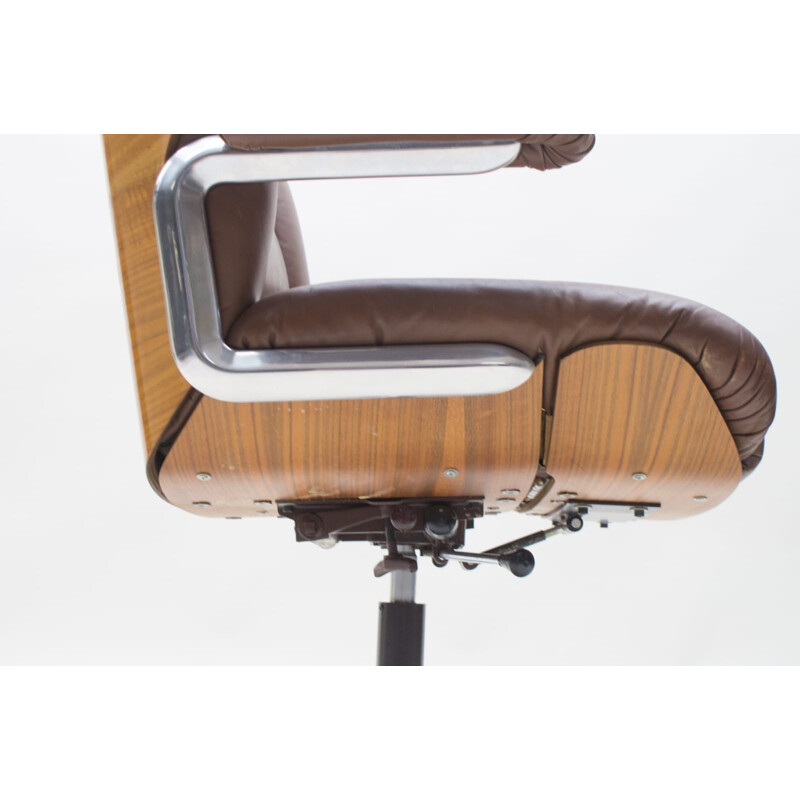 Vintage Leather and Plywood Swivel Desk Chair by Stoll for Giroflex, Swiss 1960s