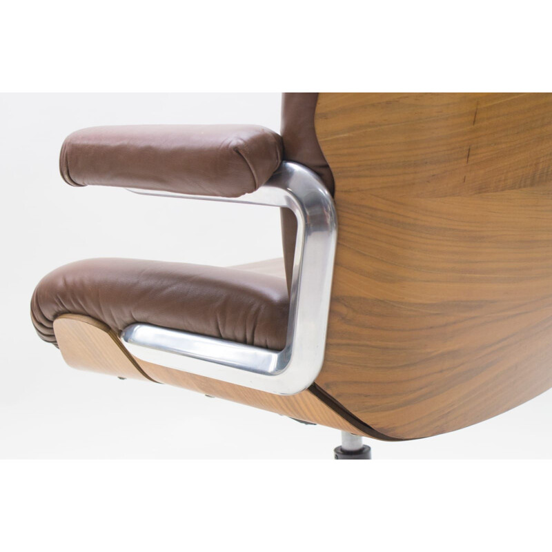 Vintage Leather and Plywood Swivel Desk Chair by Stoll for Giroflex, Swiss 1960s