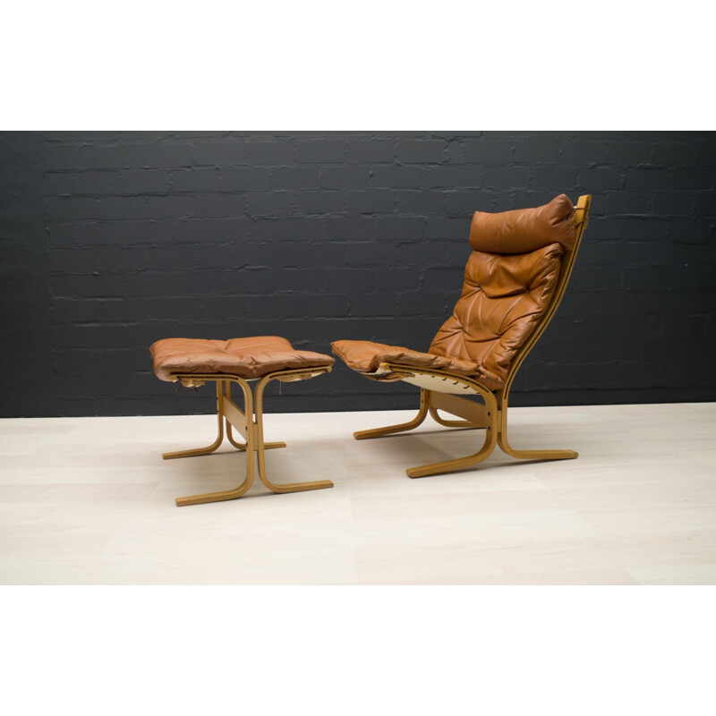 Vintage Leather Armchair and Footstool Set by Ingmar Relling for Westnofa, 1960s