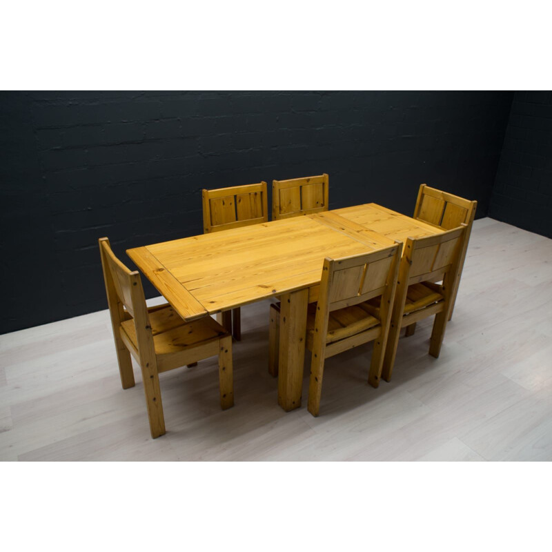 Set of 7 vintage pine chairs and dining table, from Vilka, Finland 1960