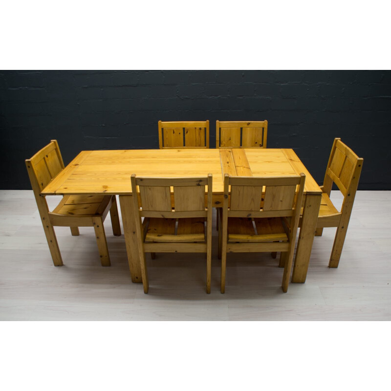 Set of 7 vintage pine chairs and dining table, from Vilka, Finland 1960