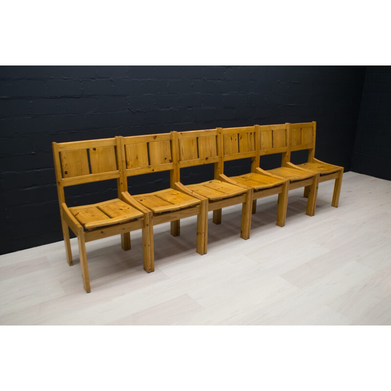 Set of 7 vintage pine chairs and dining table, from Vilka, Finland 1960