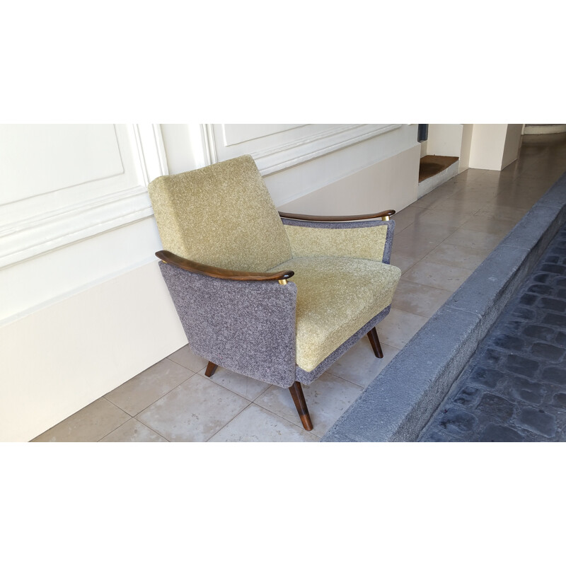 Fauteuil vintage en bois et tissu, 1950