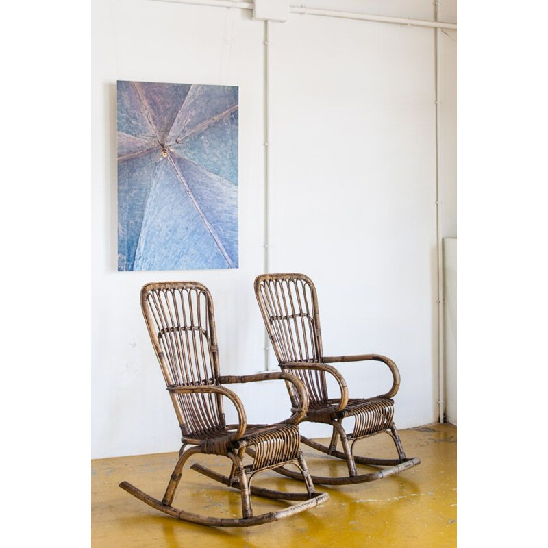 Pair of vintage rattan rocking chairs Spain, 1960