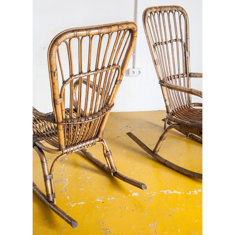 Paire de rocking chairs vintage en rotin Espagne, 1960