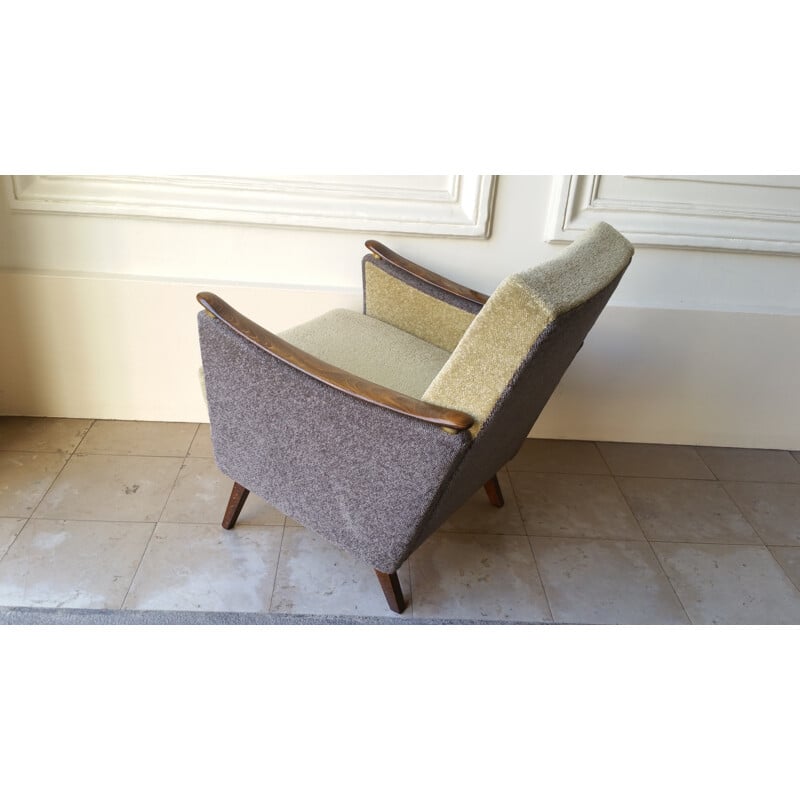 Vintage houten en stoffen fauteuil, 1950