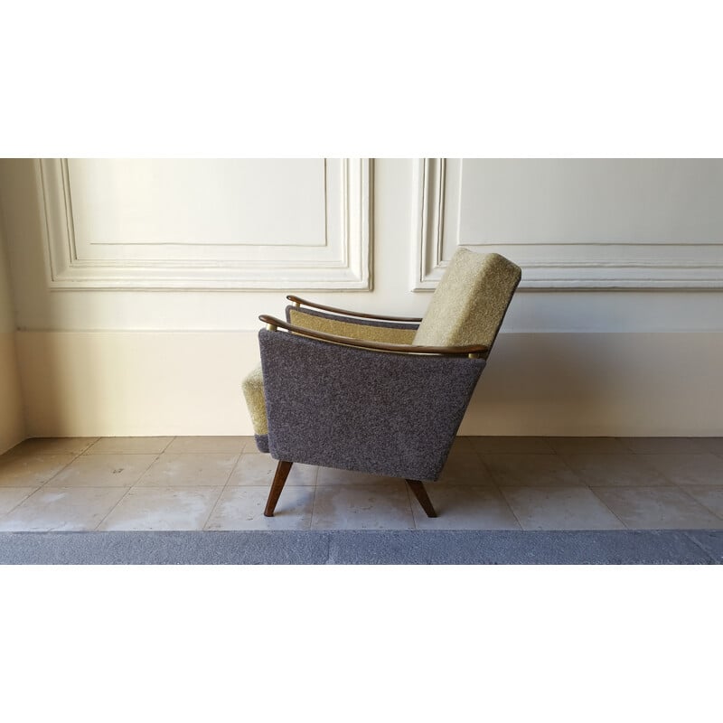 Vintage houten en stoffen fauteuil, 1950