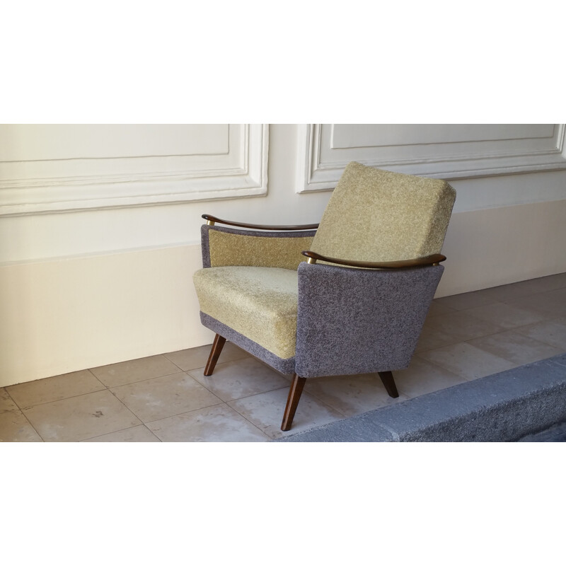 Vintage houten en stoffen fauteuil, 1950