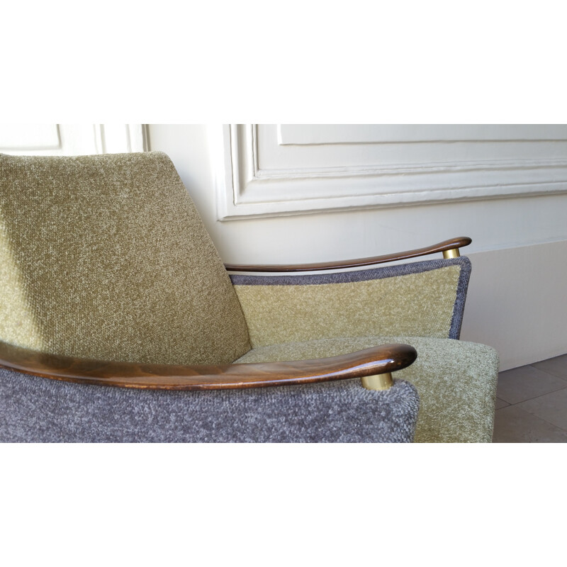 Vintage houten en stoffen fauteuil, 1950