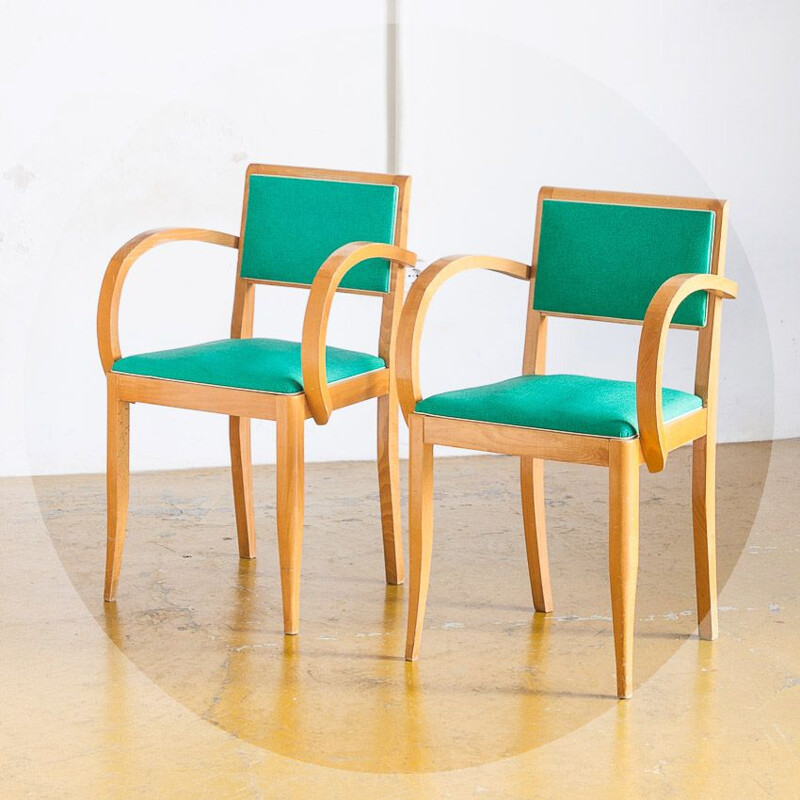 Pair of vintage bridge chairs Beech wood and skai France, 1960