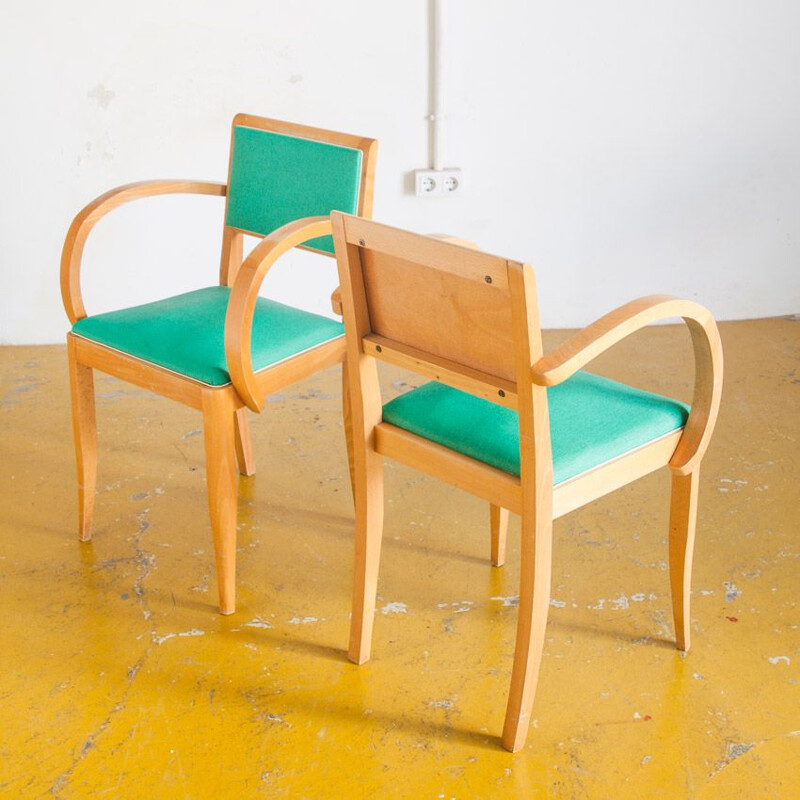 Pair of vintage bridge chairs Beech wood and skai France, 1960