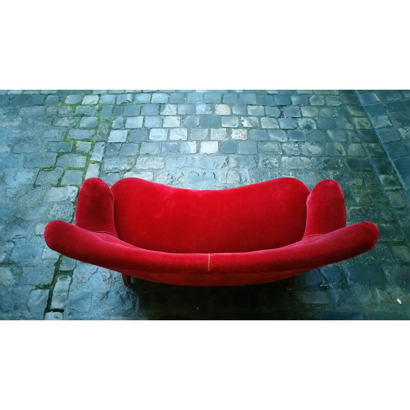2 seater Scandinavian sofa in red velvet fabric and wood, Carl MALMSTEN - 1950s