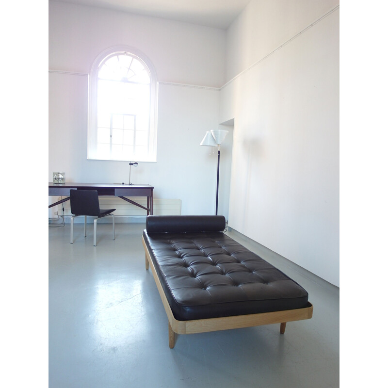 Vintage Solid Oak Daybed with Brown-Black Leather Mattress, Denmark 1956