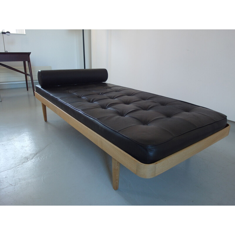 Vintage Solid Oak Daybed with Brown-Black Leather Mattress, Denmark 1956