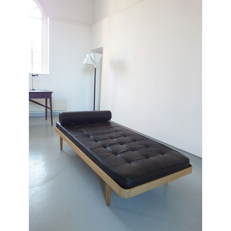 Vintage Solid Oak Daybed with Brown-Black Leather Mattress, Denmark 1956