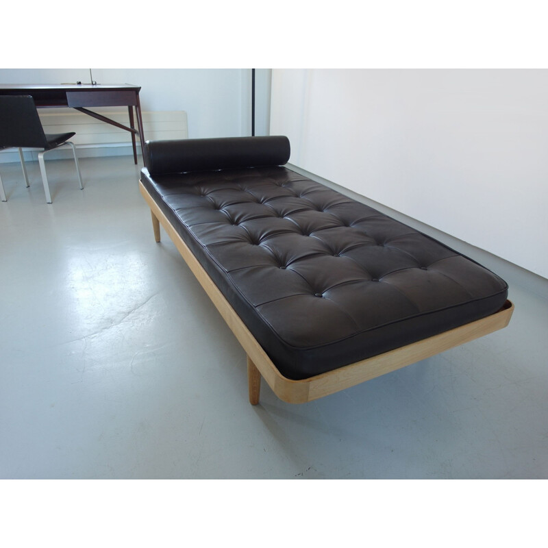 Vintage Solid Oak Daybed with Brown-Black Leather Mattress, Denmark 1956