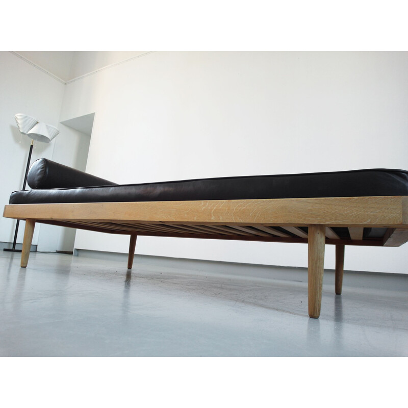 Vintage Solid Oak Daybed with Brown-Black Leather Mattress, Denmark 1956