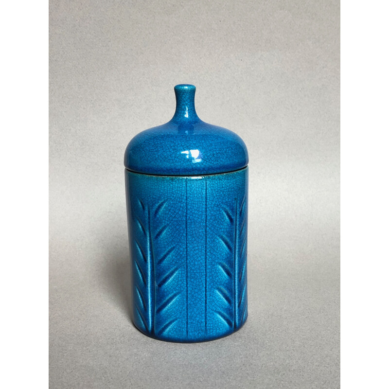 Vintage blue ceramic box by Pol Chambost, 1960