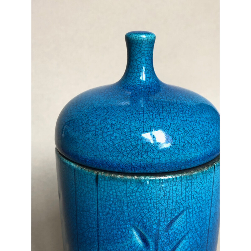 Vintage blue ceramic box by Pol Chambost, 1960