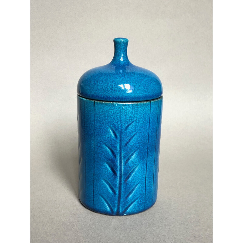 Vintage blue ceramic box by Pol Chambost, 1960