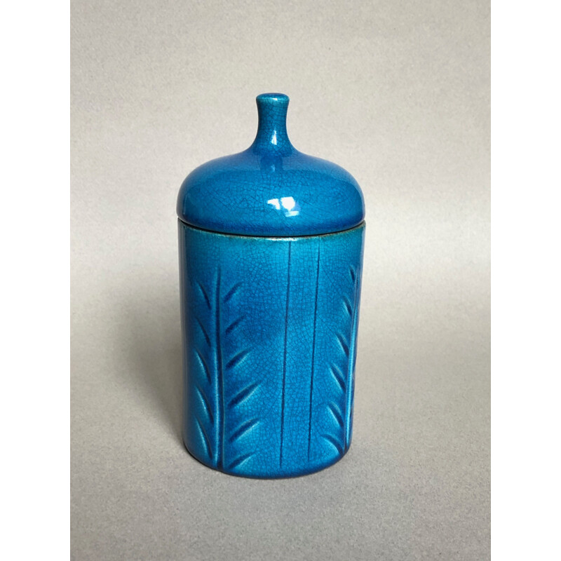 Vintage blue ceramic box by Pol Chambost, 1960