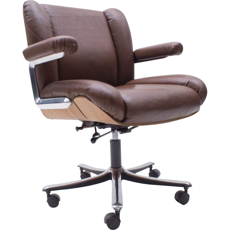 Vintage Leather and Plywood Swivel Desk Chair by Stoll for Giroflex, Swiss 1960s