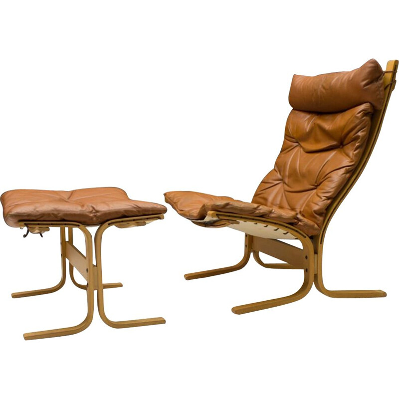 Vintage Leather Armchair and Footstool Set by Ingmar Relling for Westnofa, 1960s