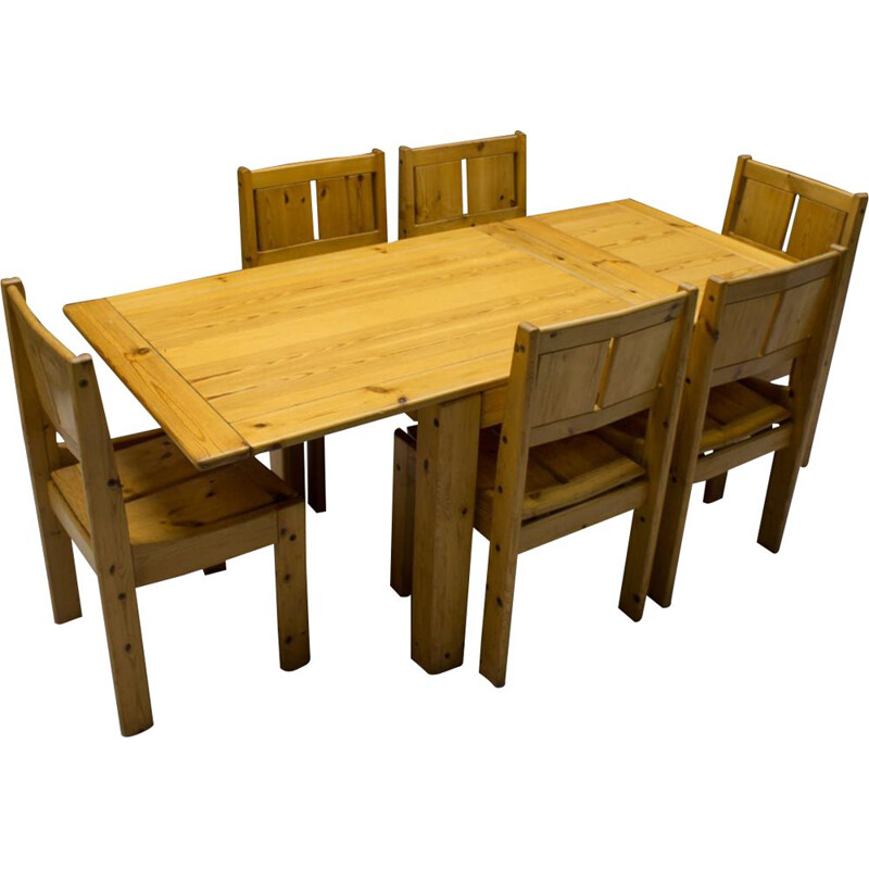 Set di 7 sedie e tavolo da pranzo vintage in pino, da Vilka, Finlandia 1960
