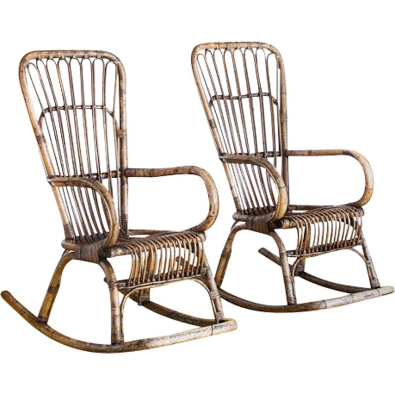 Pair of vintage rattan rocking chairs Spain, 1960