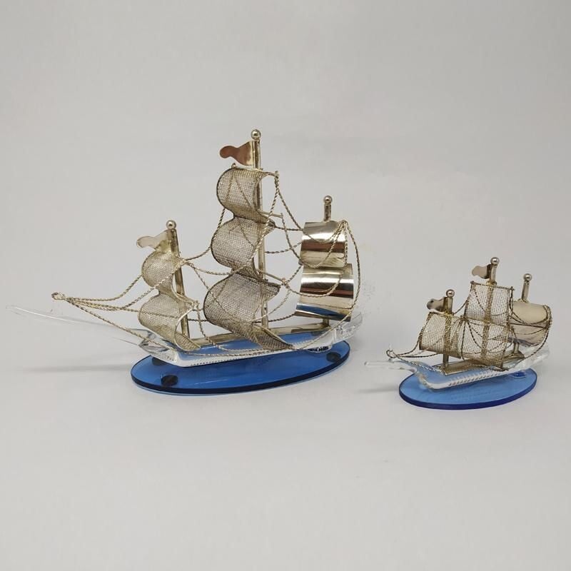 Pair of vintage handmade metal and Murano glass sailing ships 1960s